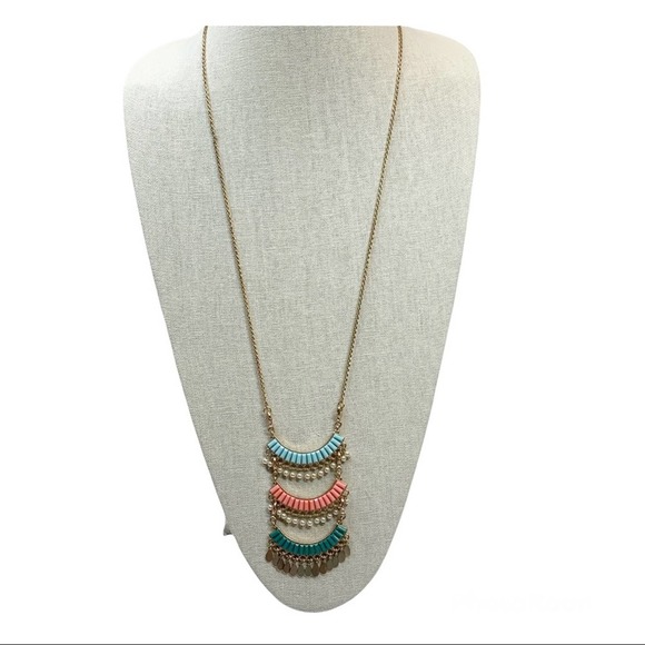 boho Gold tone long tiered colorful beaded necklace fun spring summer - Picture 2 of 7